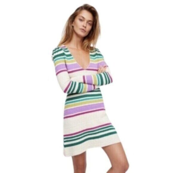 NWT Free People | Gidget Ivory & Striped Thermal Sweater Dress Size Medium - Picture 1 of 11